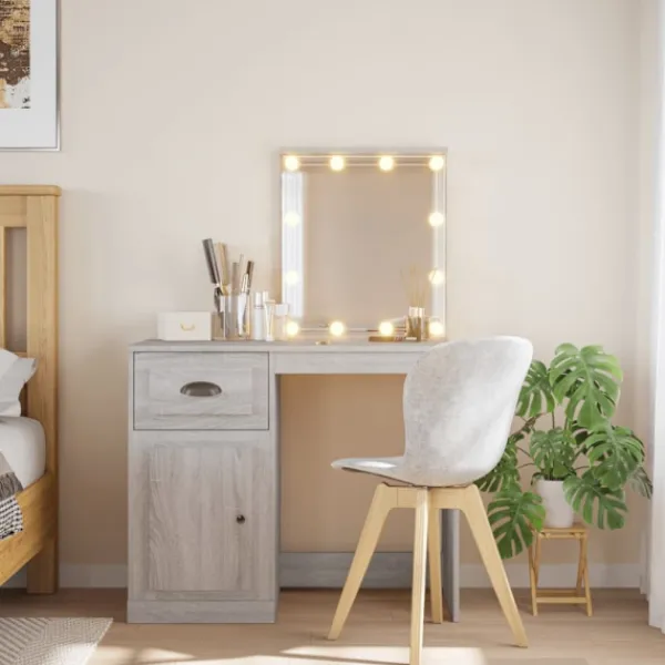 vidaXL Sminkbord>Sminkbord med LED-lampor grå sonoma 90x42x132,5 cm