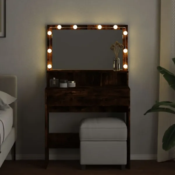 vidaXL Sminkbord>Sminkbord med LEDs rökfärgad ek 80x41x134,5 cm
