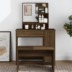 vidaXL Sminkbord>Sminkbord med spegel brun ek 86,5x35x136 cm