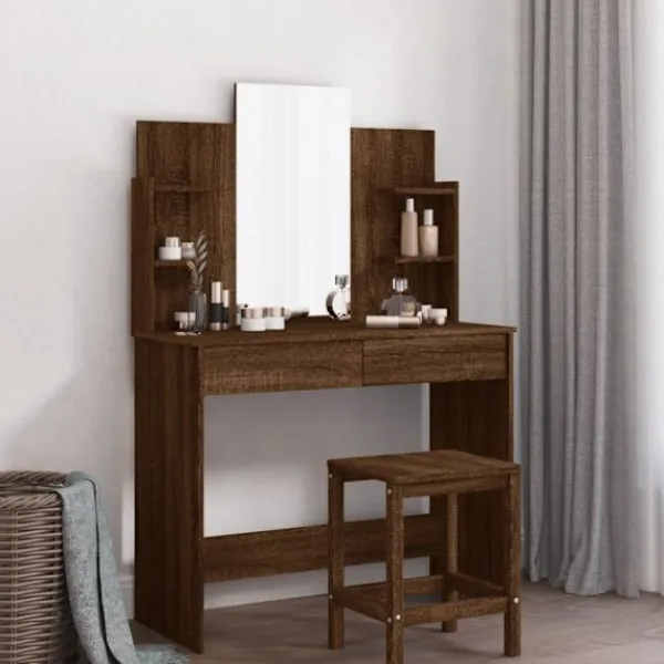 vidaXL Sminkbord>Sminkbord med spegel brun ek 96x39x142 cm
