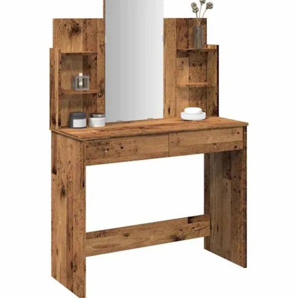 vidaXL Sminkbord>Sminkbord med spegel gammalt trä 96x39x142 cm