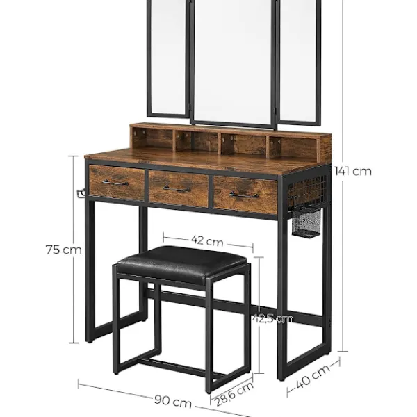 northio Sminkbord>Sminkbord, stor utfällbar spegel, pall