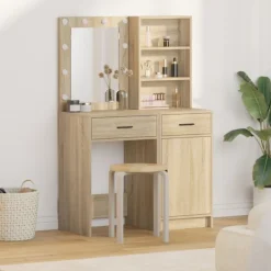 vidaXL Sminkbord>Sminkbordssats med LED med låda 2 pcs Sonoma-ek Konstruerat trä