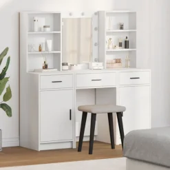 vidaXL Sminkbord>Sminkbordssats med LED med låda 3 pcs Vit Konstruerat trä