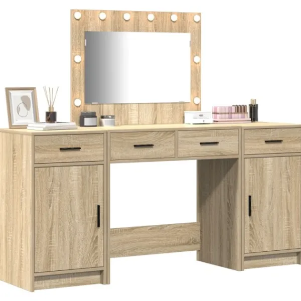 vidaXL Sminkbord>Smyckebord med spegelbelysning 3 pcs Brun Konstruerat trä