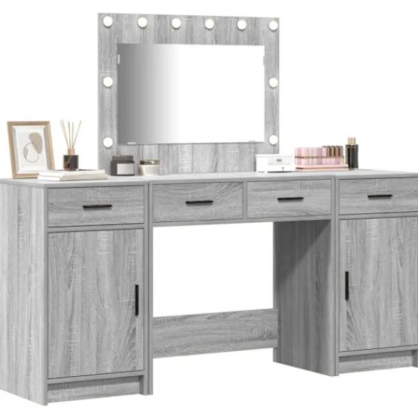 vidaXL Sminkbord>Smyckebord med spegelbelysning 3 pcs Grå Konstruerat trä