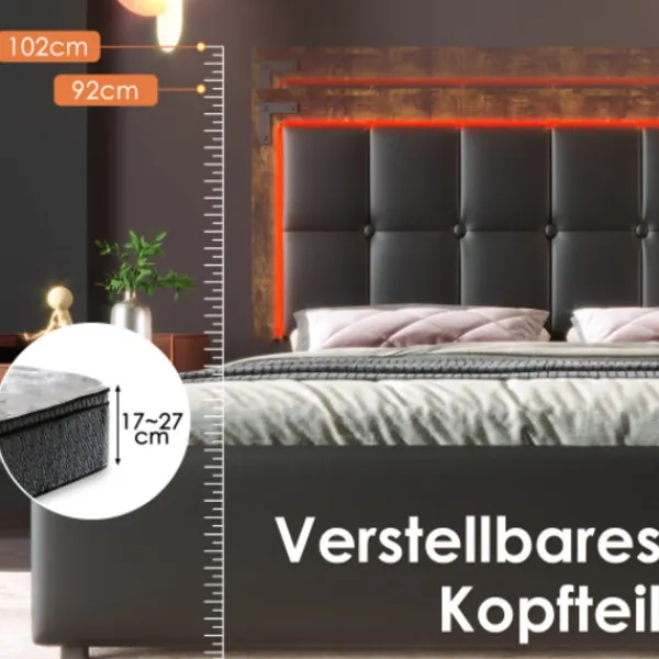 Sängar>Sängram med LED-ljusramp och 4 lådor, dubbelsäng klädd säng 160x200cm