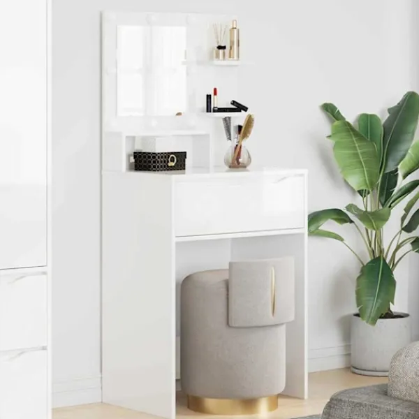 vidaXL Sminkbord>Sängrum Smyckesbord med låda Högblanka vita 80 x 39,6 x 135 cm
