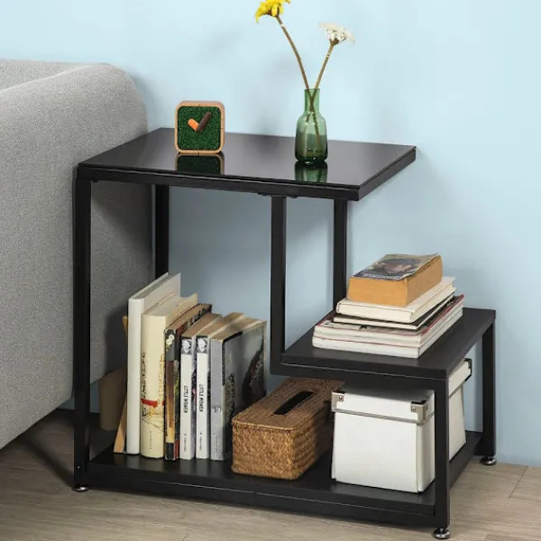 SoBuy Småbord>Soffbord med 2 hyllor i svart 65x35x56cm, industriell FBT65-SCH