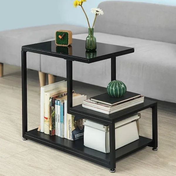 SoBuy Småbord>Soffbord med 2 hyllor i svart 65x35x56cm, industriell FBT65-SCH