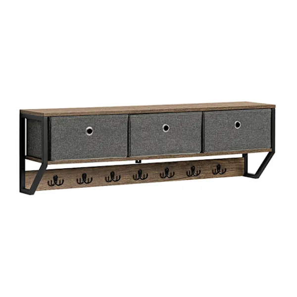SoBuy Hyllor>Väggmonterad klädhängare med 1 hylla i träfärg 100x30x20cm, industriell FHK26-N