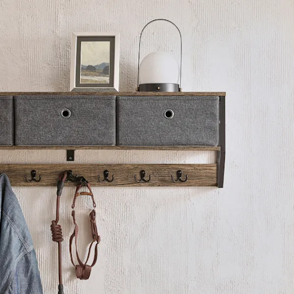 SoBuy Hyllor>Väggmonterad klädhängare med 1 hylla i träfärg 100x30x20cm, industriell FHK26-N