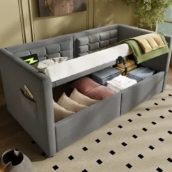 Sängar>Soffa 90x200 cm med förvaring & laddstation – hydraulisk mekanism & USB/Type-C-anslutningar