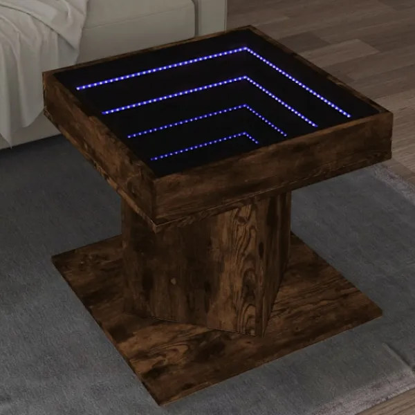 vidaXL Soffbord>Soffbord med LEDs rökfärgad ek 50x50x45 cm konstruerat trä