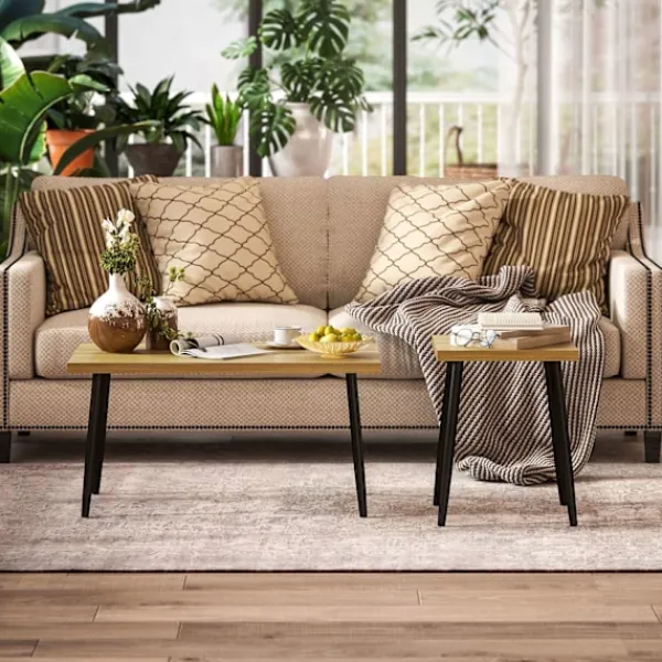 Northio Soffbord>Soffbordsset med 2 sidobord med stålstomme, vardagsrumsbord, soffbord för vardagsrum, sovrum, naturlig