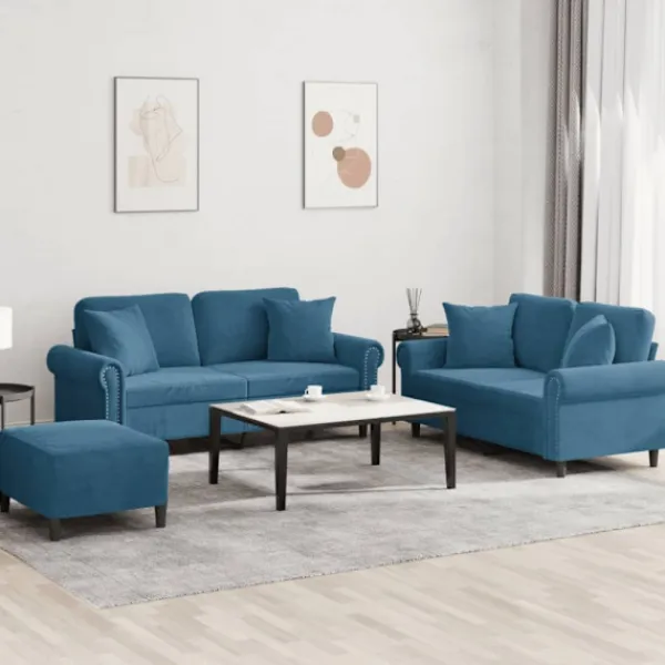 vidaXL Soffor>Soffgrupp med dynor 3 delar blå sammet