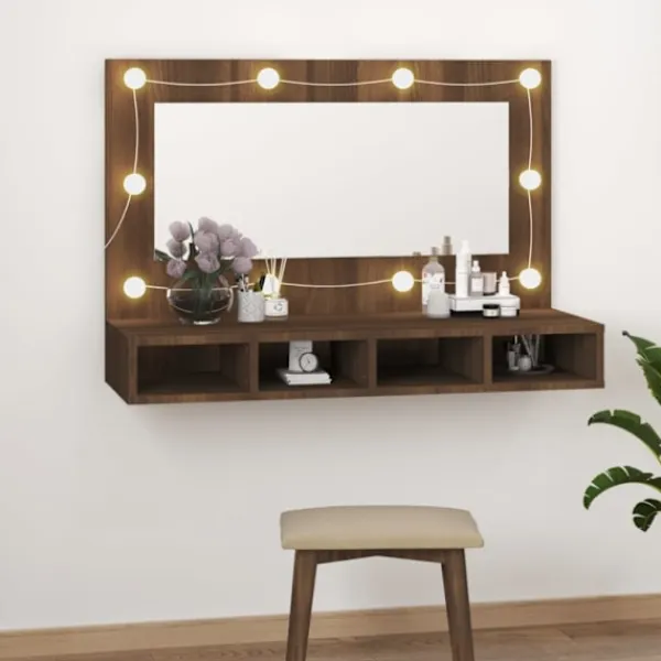 vidaXL Sminkbord>Spegelskåp med LED brun ek 90x31,5x62 cm