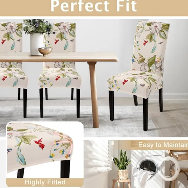 Stolar>Stolsöverdrag Set om 4, Spandex Super Fit Stretch Avtagbara Tvättbara Kök Parsons Skydd för Matsal, Hotell, Ceremoni, Beige+Blommor