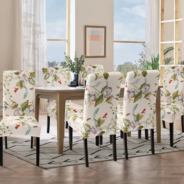 Stolar>Stolsöverdrag Set om 4, Spandex Super Fit Stretch Avtagbara Tvättbara Kök Parsons Skydd för Matsal, Hotell, Ceremoni, Beige+Blommor