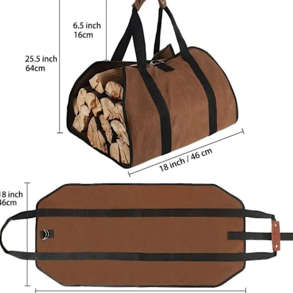 Kistor & Koffertar>Stor canvas vedkorg 96cm x 46cm kraftig vaxad öppen spis vedväska för vedspisar, inomhus och camping (brun)