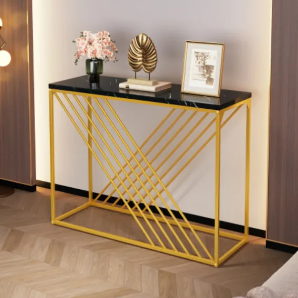 Sideboards>Svart vintage konsolbord med gyllene bas (100x35x77cm) – Högglans MDF för hall, entré & vardagsrum