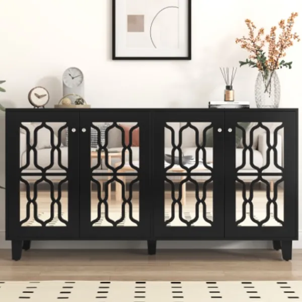 Sideboards>Svarta spegeldekorationer med coola kristallhandtag, fyra dörrar, med flyttbart laminat. För vardagsrum och matsal, 160 x 40 x 84 cm