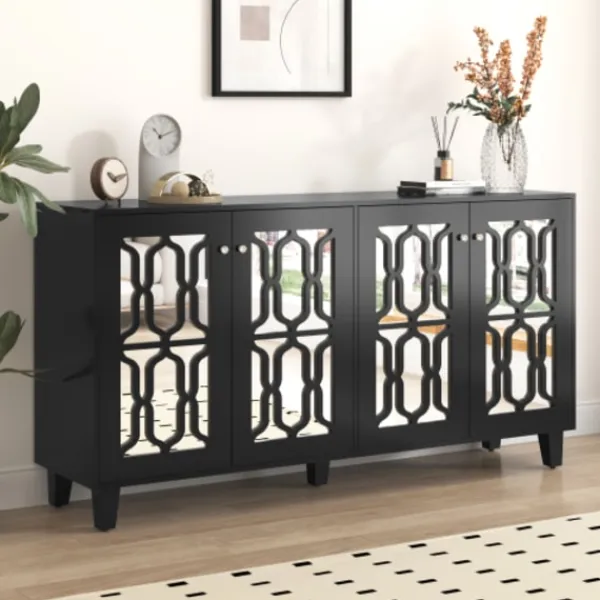 Sideboards>Svarta spegeldekorationer med coola kristallhandtag, fyra dörrar, med flyttbart laminat. För vardagsrum och matsal, 160 x 40 x 84 cm