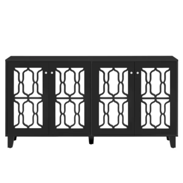 Sideboards>Svarta spegeldekorationer med coola kristallhandtag, fyra dörrar, med flyttbart laminat. För vardagsrum och matsal, 160 x 40 x 84 cm
