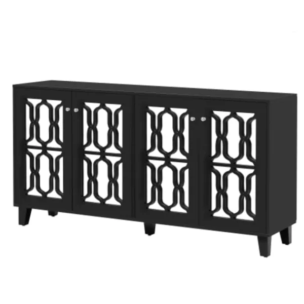 Sideboards>Svarta spegeldekorationer med coola kristallhandtag, fyra dörrar, med flyttbart laminat. För vardagsrum och matsal, 160 x 40 x 84 cm