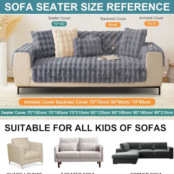 Soffor>Tjock Kanin Plysch Soffaöverdrag 3-sits, 2024 Ny Universal Halksäker Hörnsoffaöverdrag L-formad (Grå, 70 * 150cm Sittdyna)