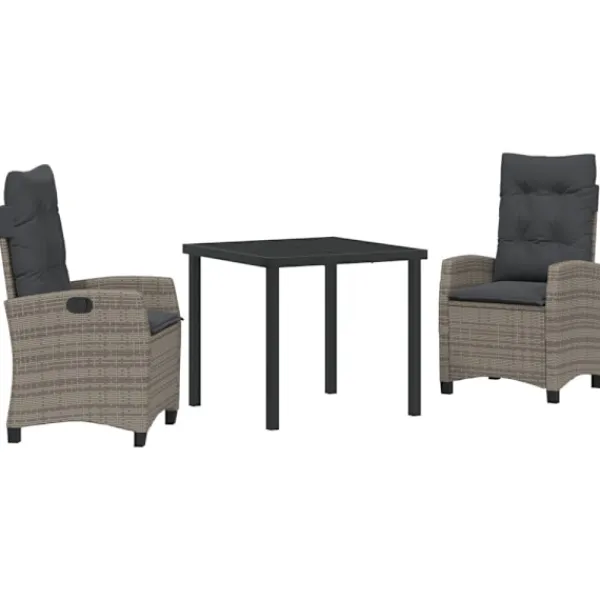 vidaXL Balkongmöbler>Trädgårdsmöbelset med kudde 3 pcs Grå konstrotting