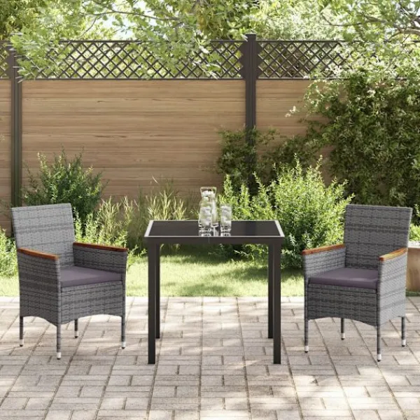vidaXL Balkongmöbler>Trädgårdsmöbelset med kudde 3 pcs Grå konstrotting