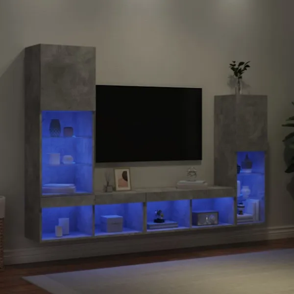 vidaXL Tv-Bänkar>Tv-bänk 4 delar LED betonggrå konstruerat trä