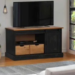 vidaXL Tv-Bänkar>TV-bänk HALDEN med skjutdörr svart 110x40x60 cm massivt trä