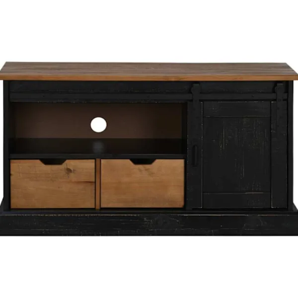 vidaXL Tv-Bänkar>TV-bänk HALDEN med skjutdörr svart 110x40x60 cm massivt trä