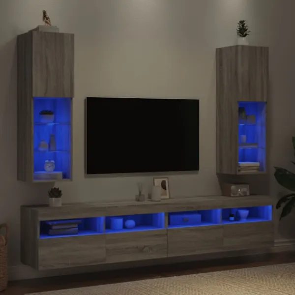vidaXL Tv-Bänkar>TV-bänk med LED-belysning 2 st grå sonoma 30,5x30x102 cm