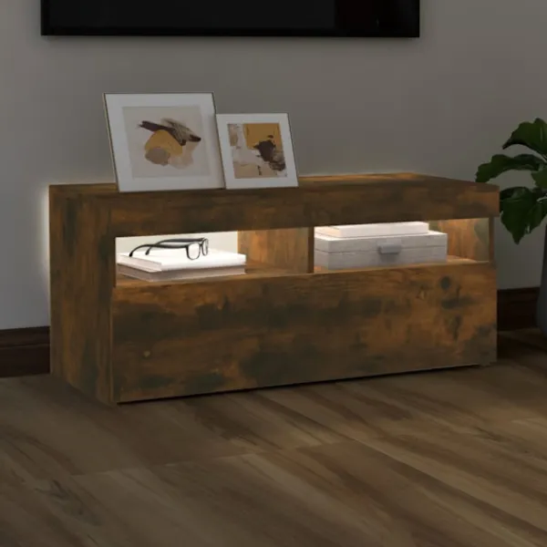 vidaXL Tv-Bänkar>Tv-bänk med LED-belysning rökfärgad ek 90x35x40 cm