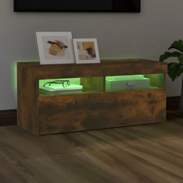 vidaXL Tv-Bänkar>Tv-bänk med LED-belysning rökfärgad ek 90x35x40 cm