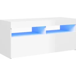 vidaXL Tv-Bänkar>TV-bänk med LED-belysning vit högglans 90x35x40 cm