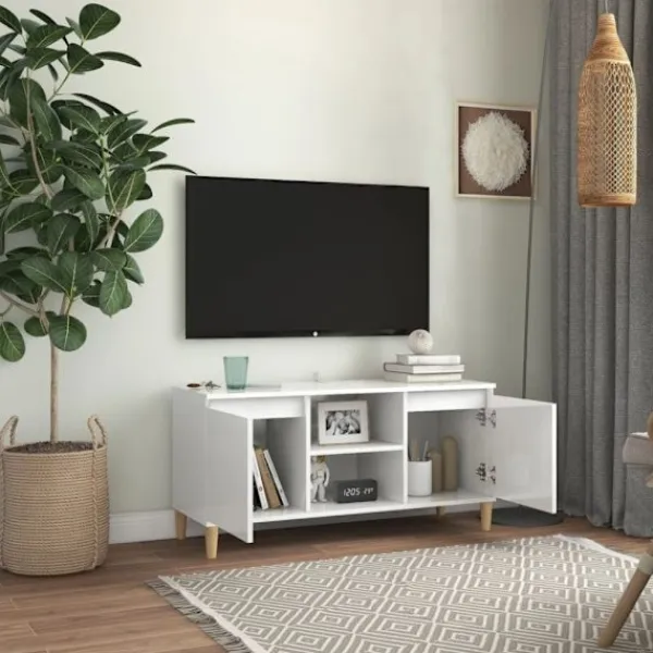vidaXL Tv-Bänkar>TV-bänk med massiva ben vit högglans 103,5x35x50 cm