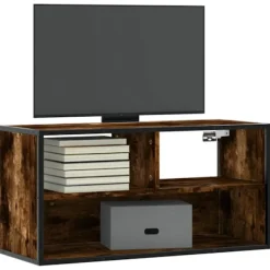 vidaXL Tv-Bänkar>Tv-bänk rökfärgad ek 80x31x39,5 cm konstruerat trä och metall