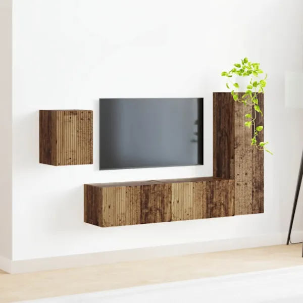 vidaXL Tv-Bänkar>TV-bänkset Väggmonterad 4 pcs Gammalt trä Konstruerat trä