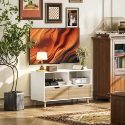 Northio Tv-Bänkar>TV-skåp lowboard med 2 hyllplan, låda, 99 cm långt TV-bord för TV, TV-bord för vardagsrum, vit