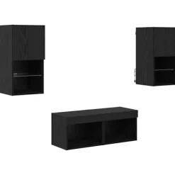 vidaXL Tv-Bänkar>TV-väggskåp med LED -remsljus 4 pcs Svart Ek Konstruerat trä