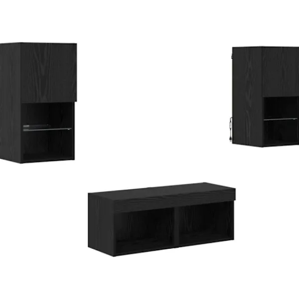 vidaXL Tv-Bänkar>TV-väggskåp med LED -remsljus 4 pcs Svart Ek Konstruerat trä
