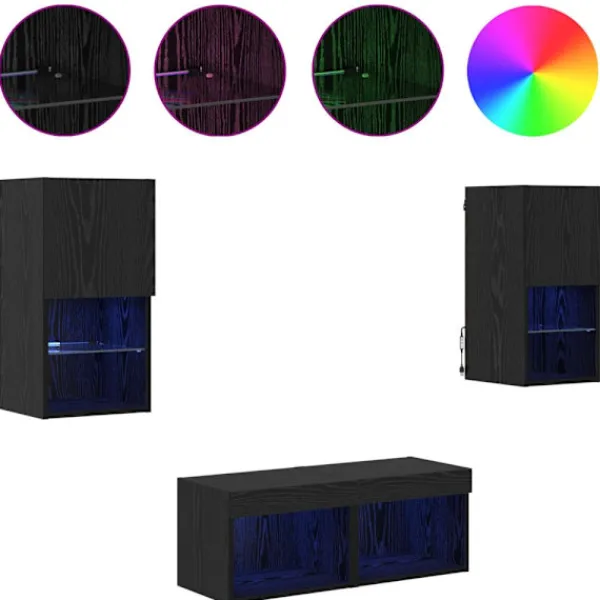 vidaXL Tv-Bänkar>TV-väggskåp med LED -remsljus 4 pcs Svart Ek Konstruerat trä