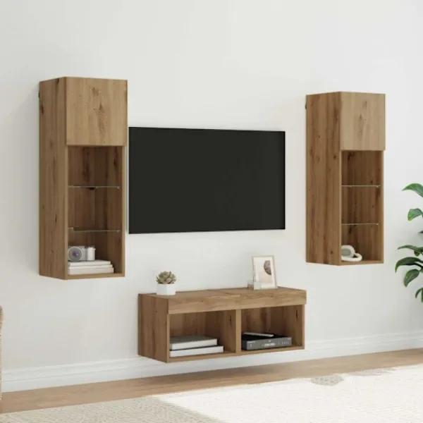 vidaXL Tv-Bänkar>TV-väggskåp med LED -remsljus 4 pcs Svart Ek Konstruerat trä