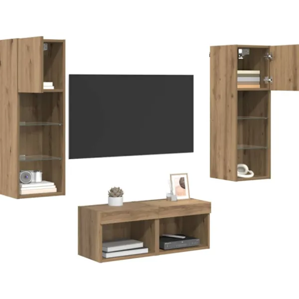 vidaXL Tv-Bänkar>TV-väggskåp med LED -remsljus 4 pcs Svart Ek Konstruerat trä
