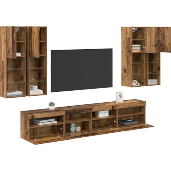 vidaXL Tv-Bänkar>TV-väggskåpsset med LED-lampor Väggmonterad 7 pcs Gammalt trä
