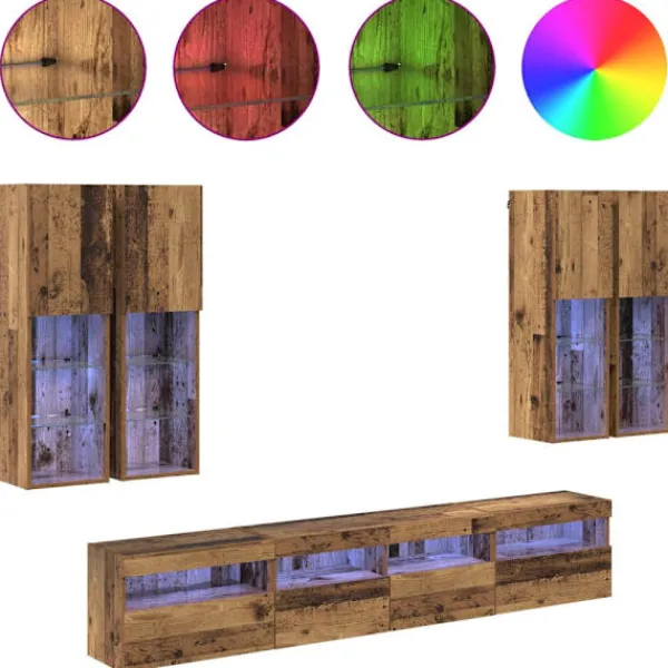 vidaXL Tv-Bänkar>TV-väggskåpsset med LED-lampor Väggmonterad 7 pcs Gammalt trä